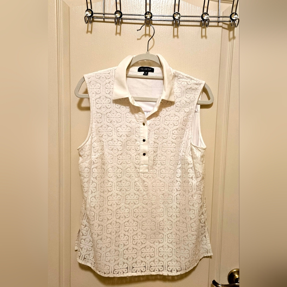 White Blouse Top Sleeveless Sheer Flowers Over White Size Med BY THE LIMITED